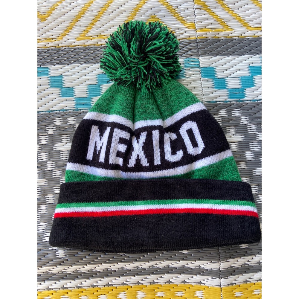 HKY Sportswear Mexico Knit Beanie Hat Pom Pom Fleece Lined Green Black